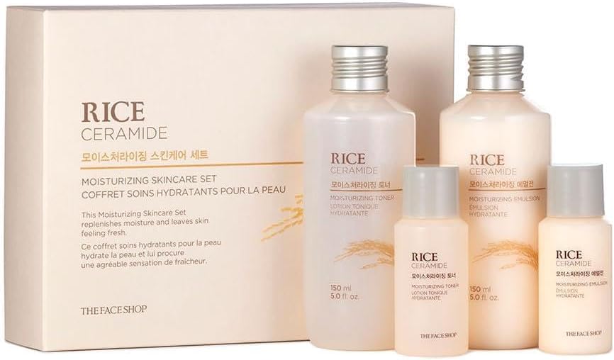 The Face Shop Rice Ceramide Moisturizing Skincare Set - Toner & Moisturizer, Korean Skin Care with Rice Water, Gift Set, Travel Size, Hydrating for Dry Skin