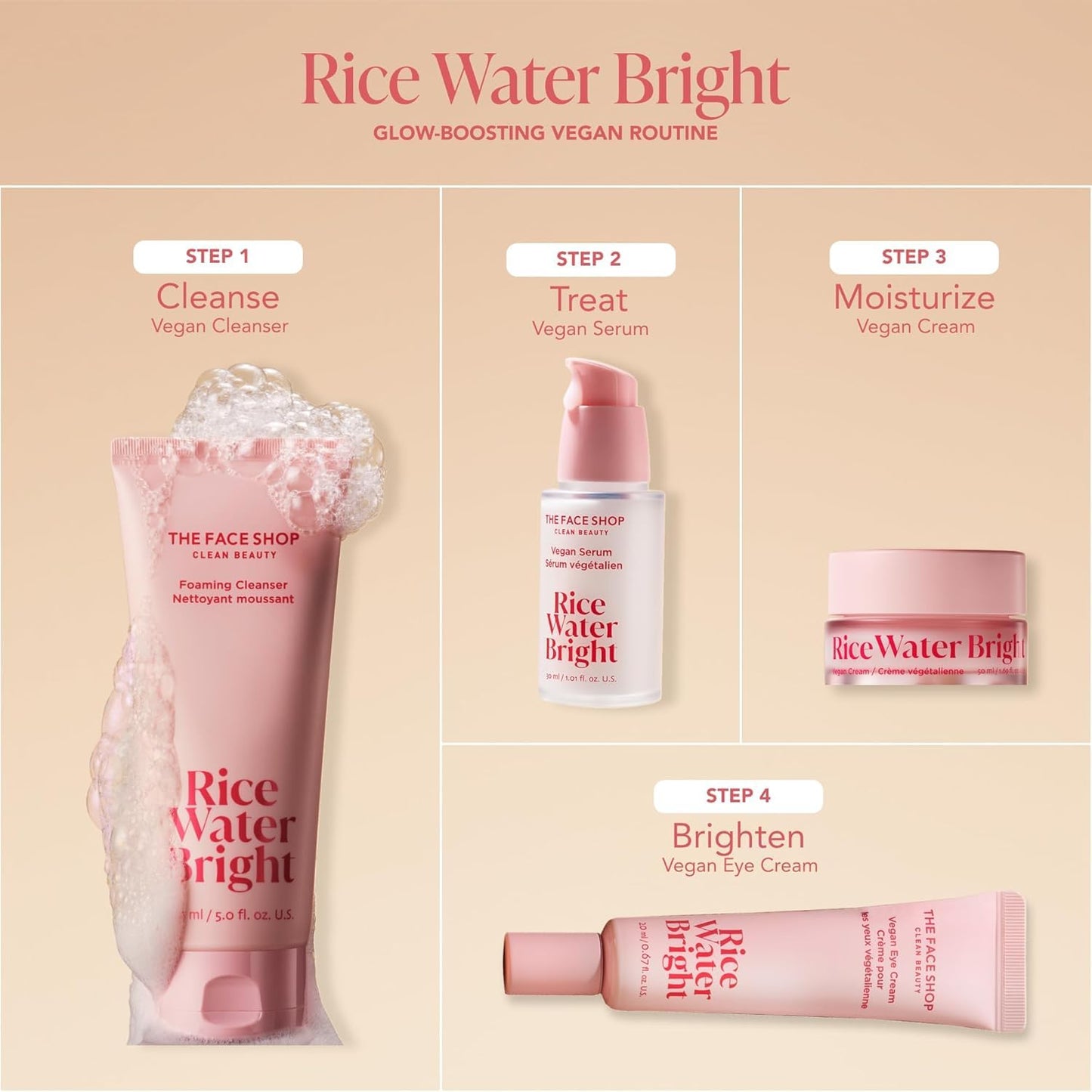 The Face Shop Rice Water Bright Vegan Serum - Targets Uneven Skin Tone & Dryness, Brightening, Nourishing, Hydrating - Rice Water, Hyaluronic Acid, Niacinamide - Korean Skin Care