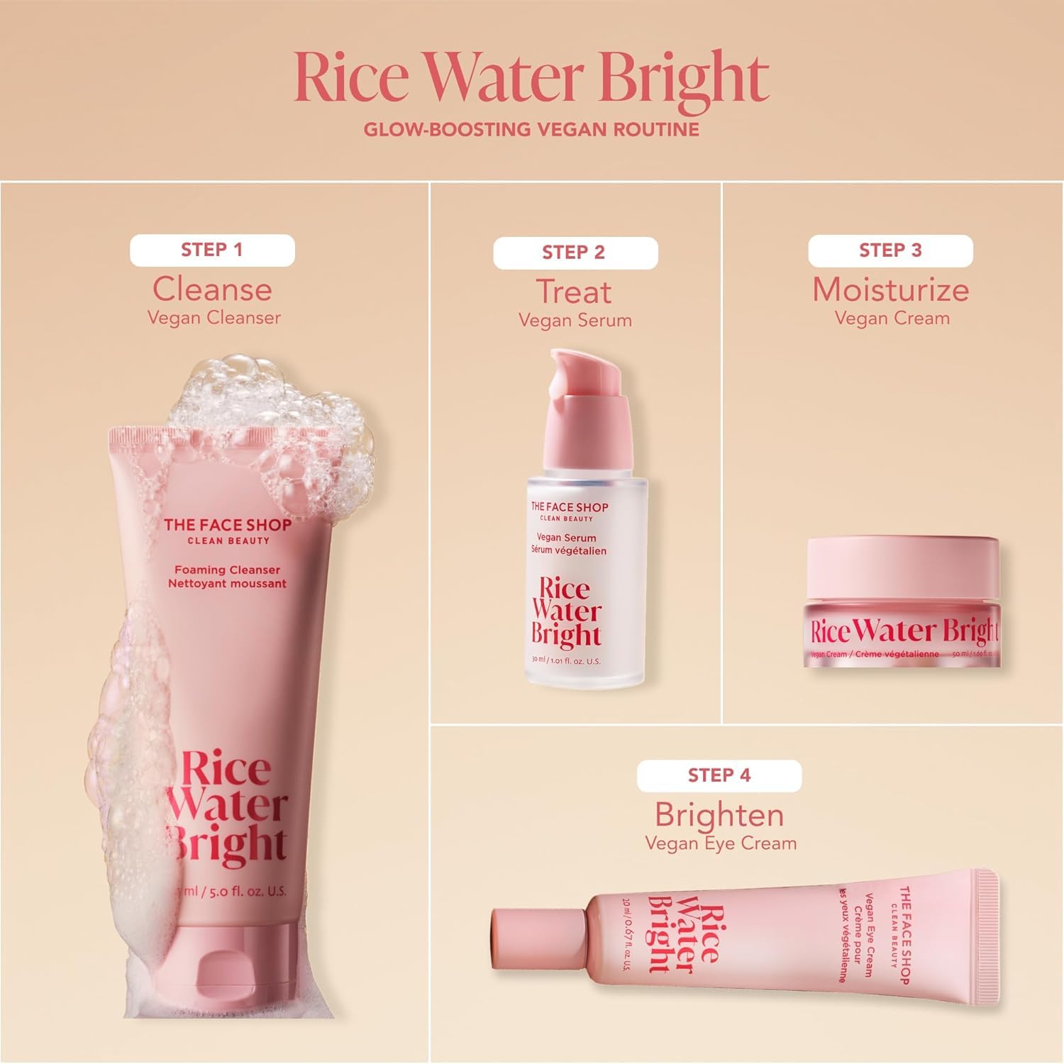 The Face Shop Rice Water Bright Vegan Serum - Targets Uneven Skin Tone & Dryness, Brightening, Nourishing, Hydrating - Rice Water, Hyaluronic Acid, Niacinamide - Korean Skin Care